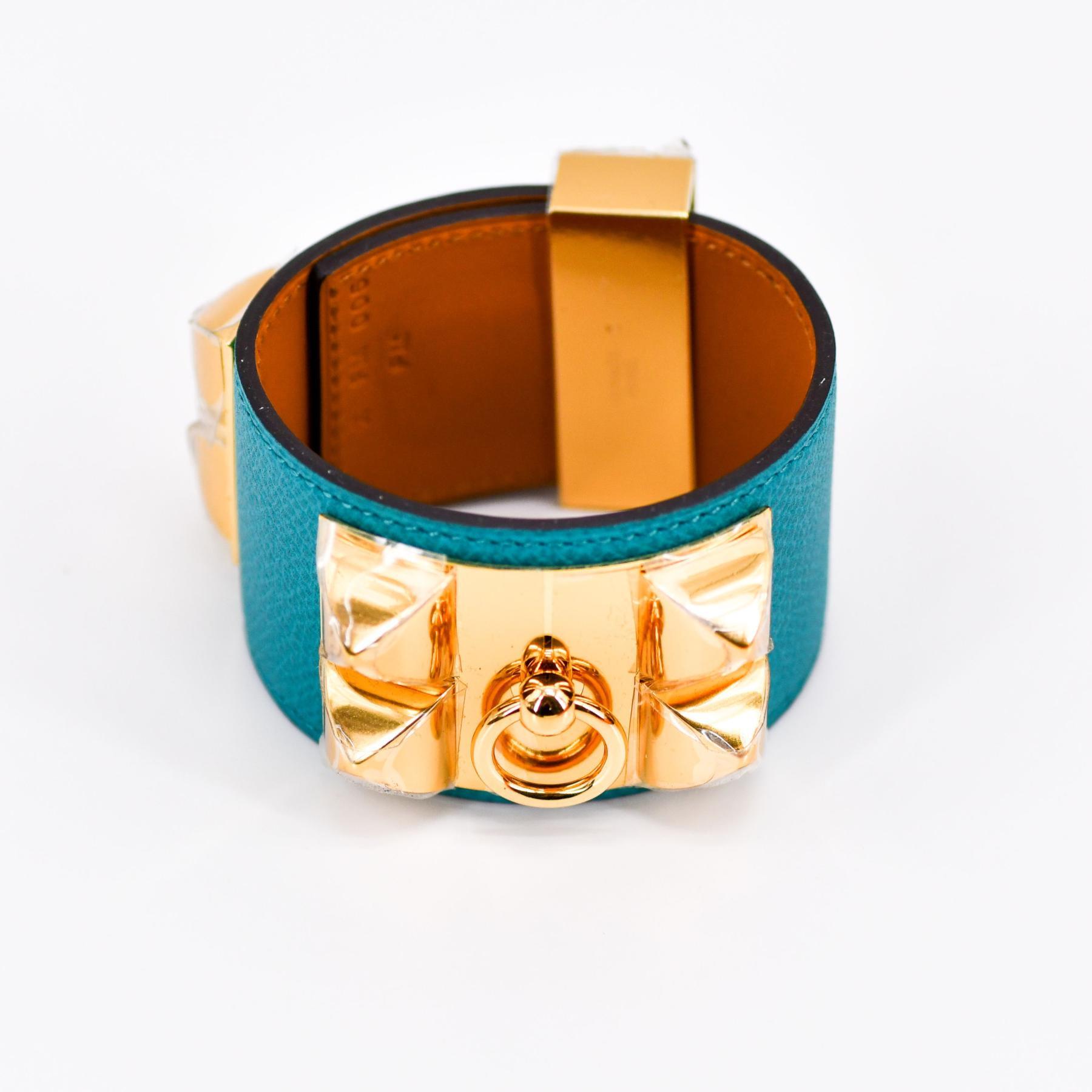 Bracelet Hermès - Collier de Chien - Cuir epsom bleu paon